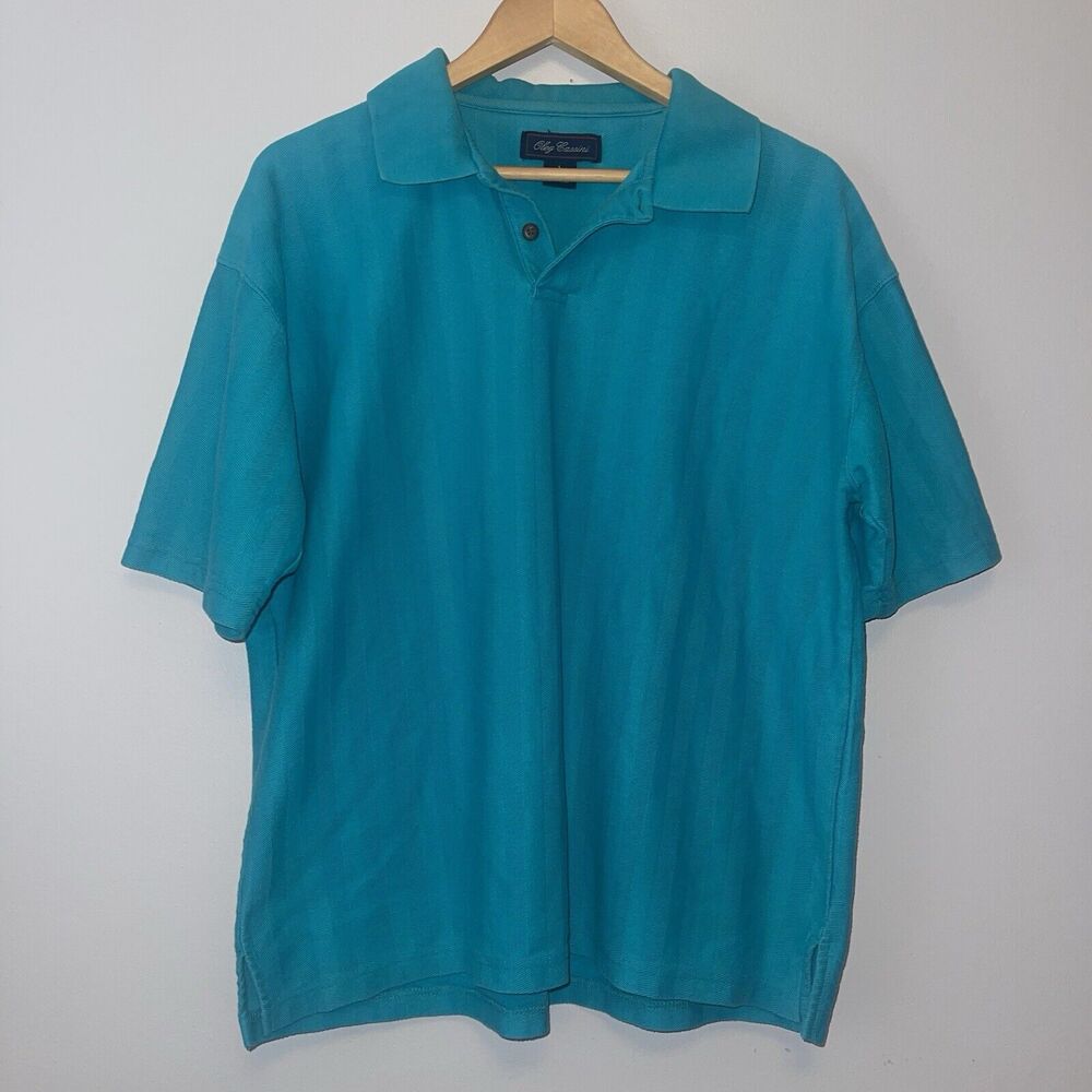 VTG Oleg Cassini Mens Pullover Polo Button Shirt Blue Herringbone Size L